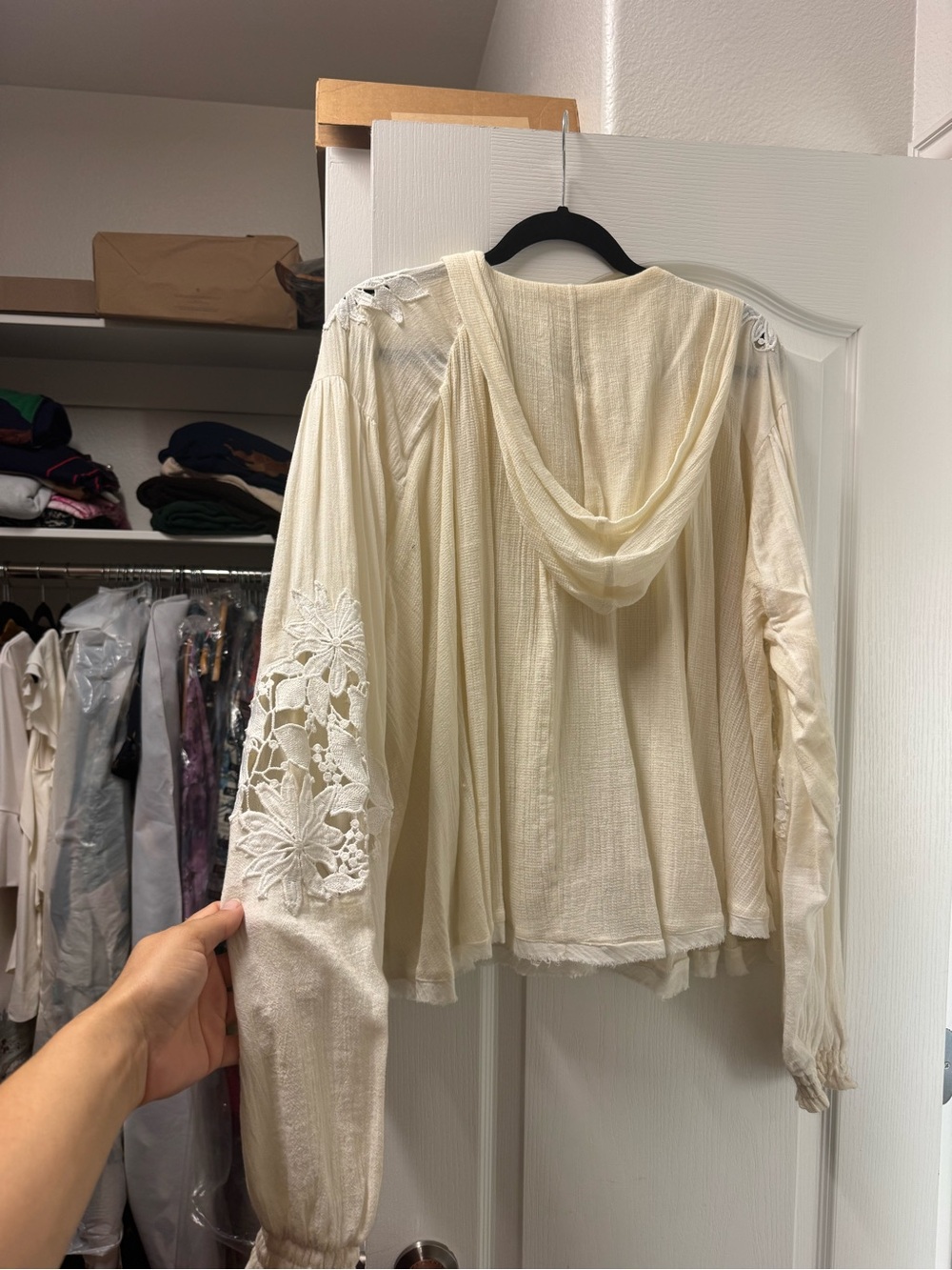 Free People Cream Hooded Boho Lace-Sleeve Top